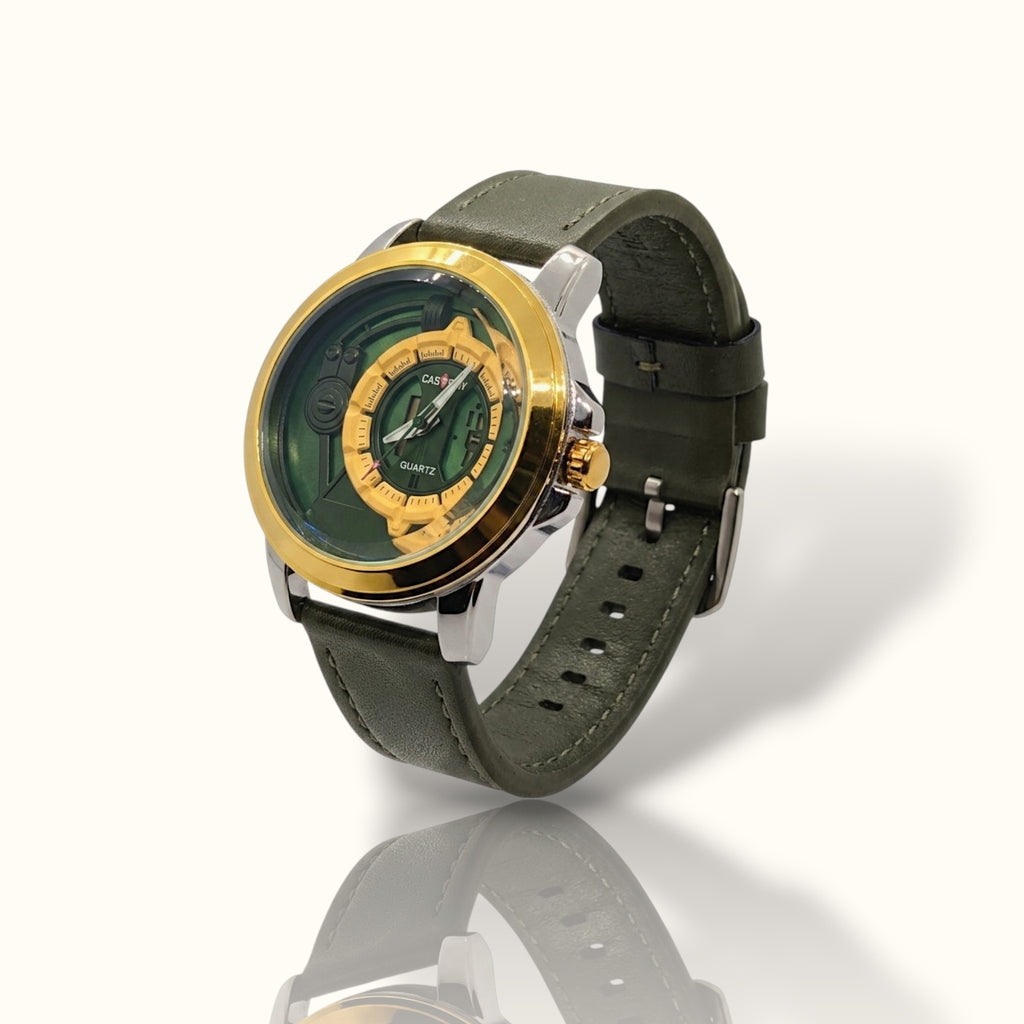 CAS RAY Industrial Fusion – Gold & Forest Green Mechanical-Style Tech Watch