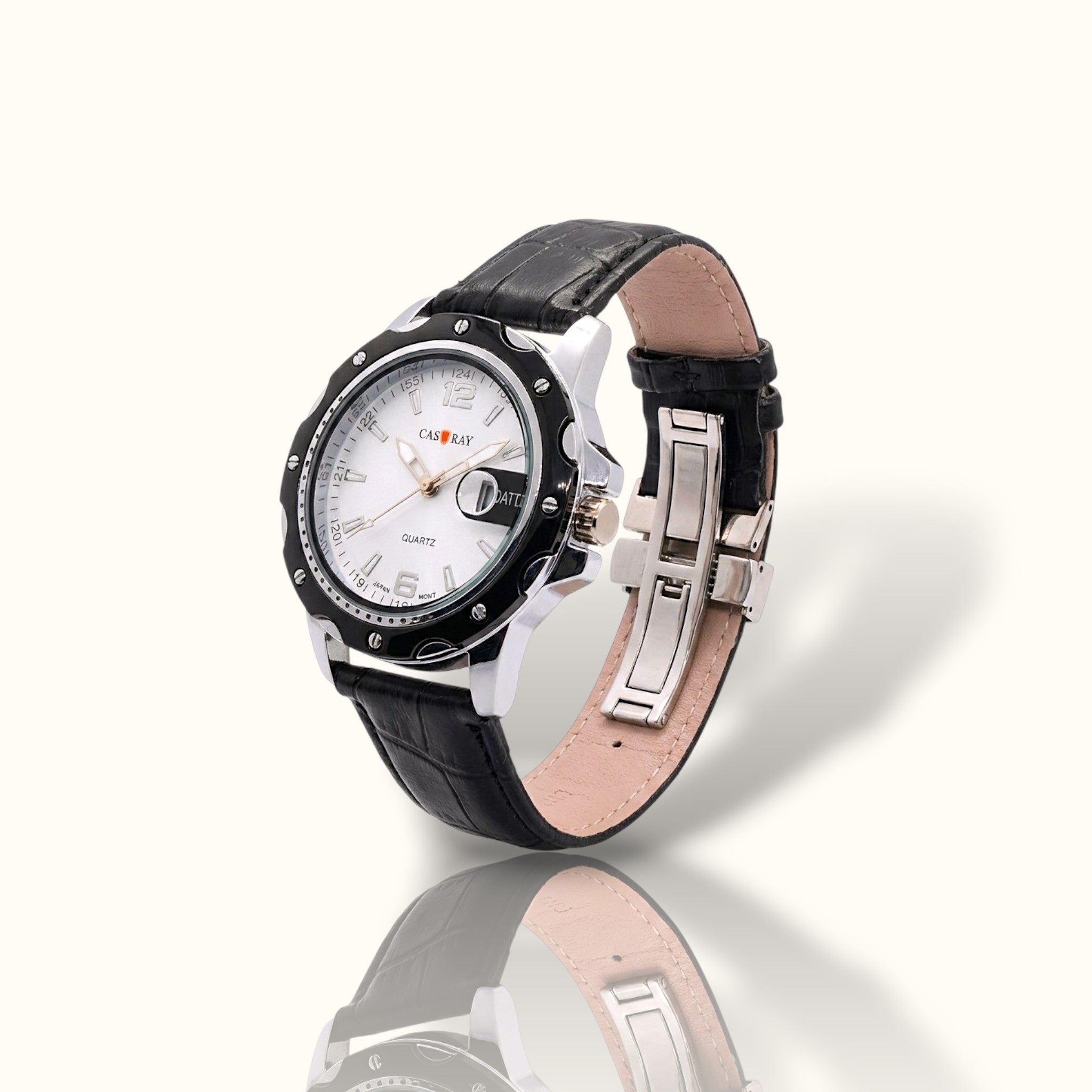 CAS RAY Executive White – Silver & Black Tactical Watch with Croco-Leather Strap