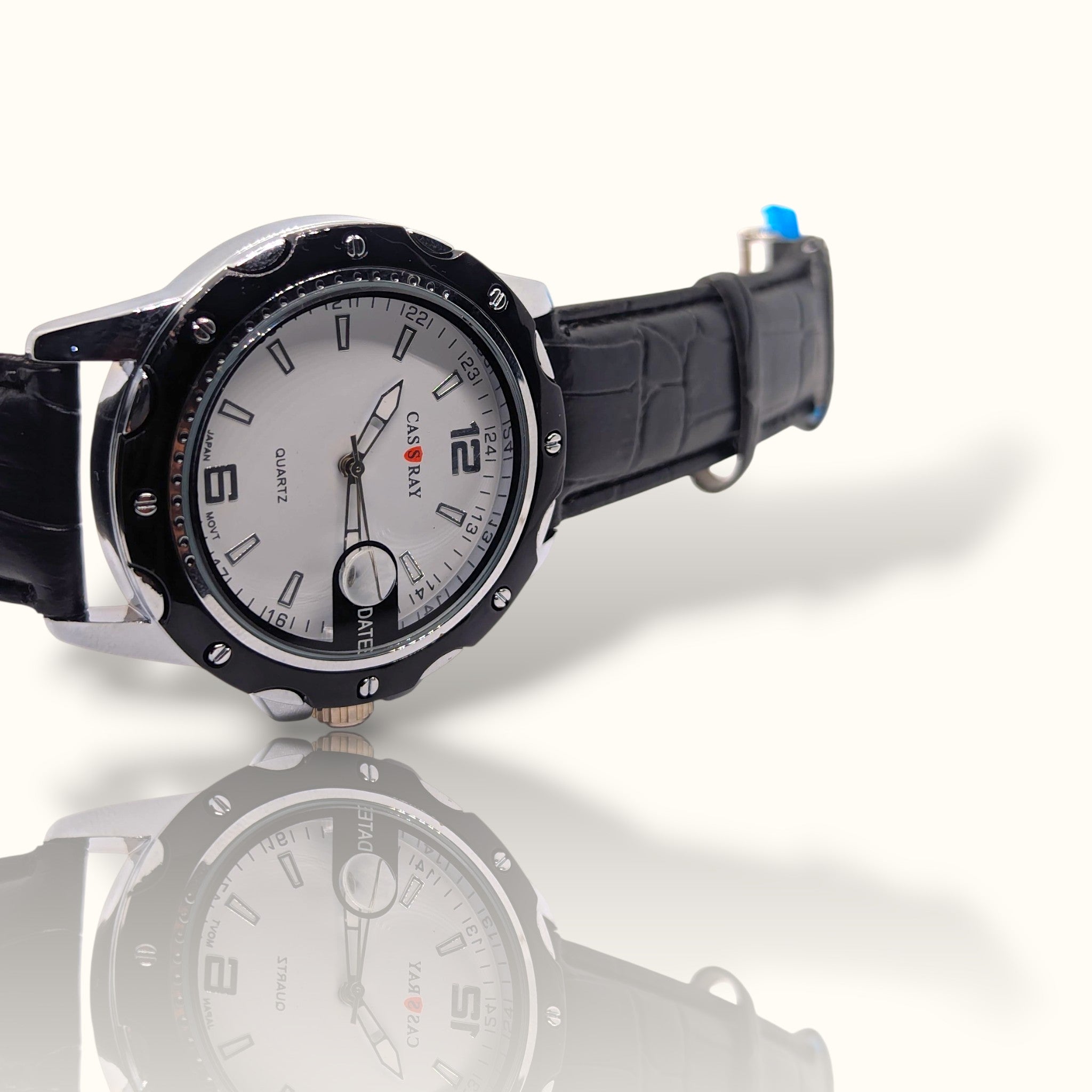 CAS RAY Executive White – Silver & Black Tactical Watch with Croco-Leather Strap