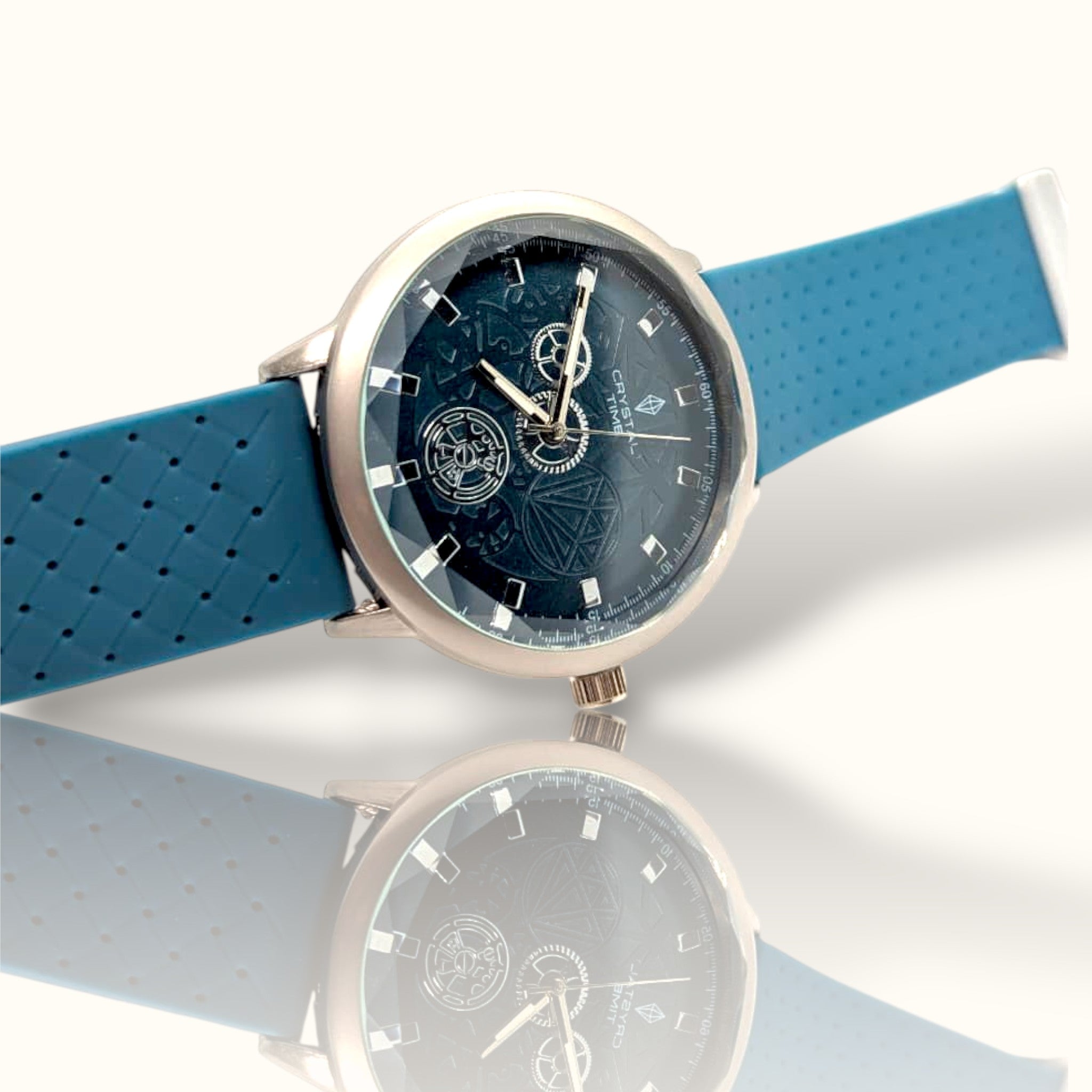 Crystal Time – Stealth Blue Skeleton Dial Men’s Sport Watch with Perforated Silicone Strap