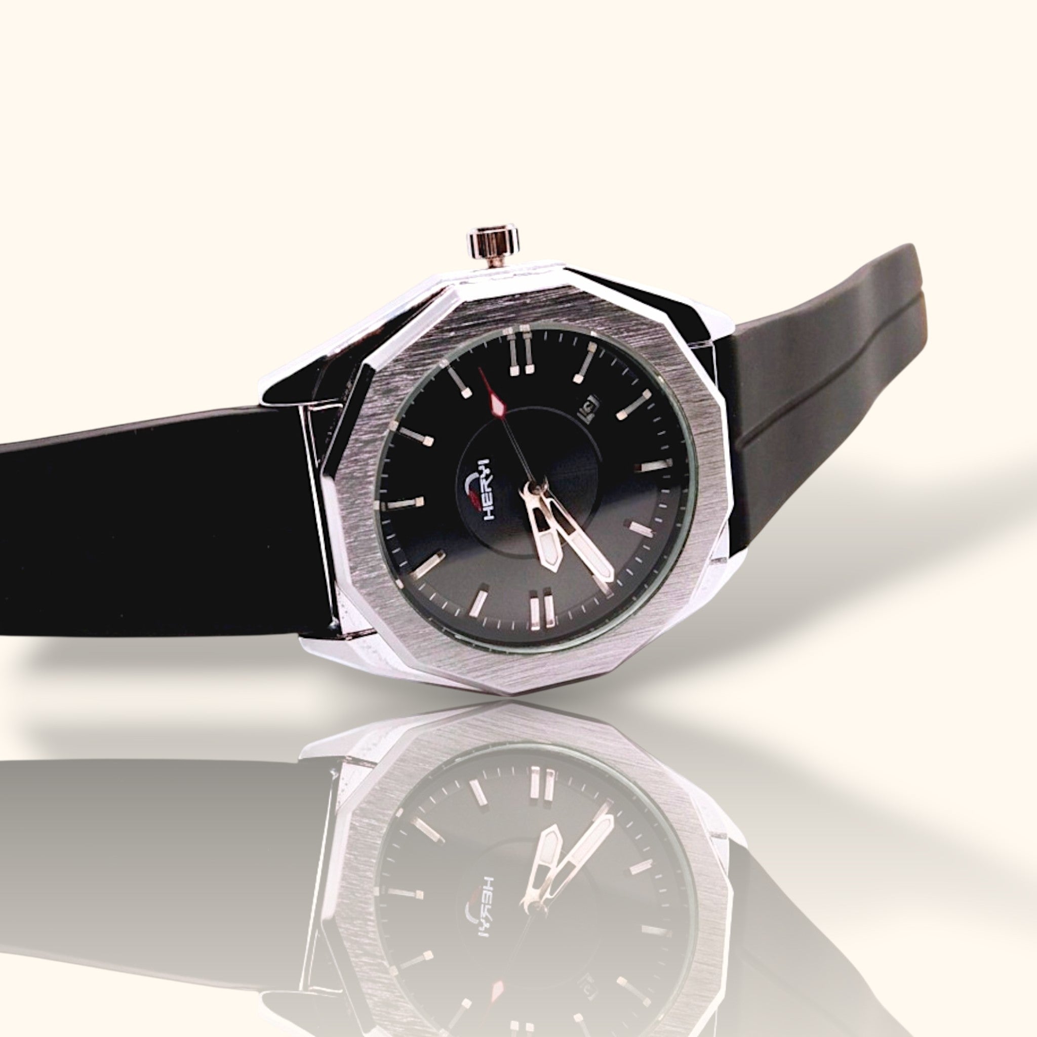HERYI Executive Sport – Silver Octagonal Bezel Watch with Midnight Black Silicone Strap