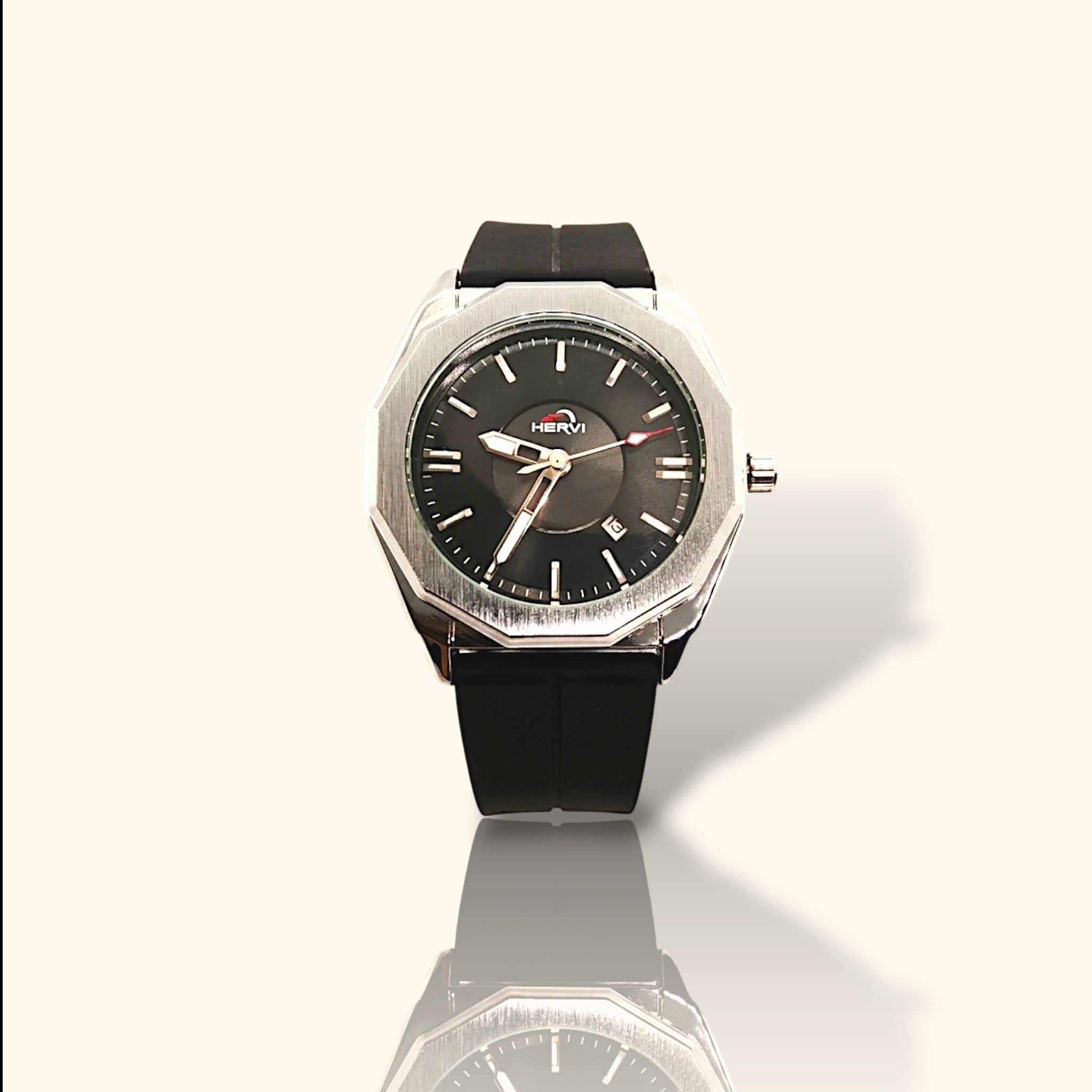 HERYI Executive Sport – Silver Octagonal Bezel Watch with Midnight Black Silicone Strap