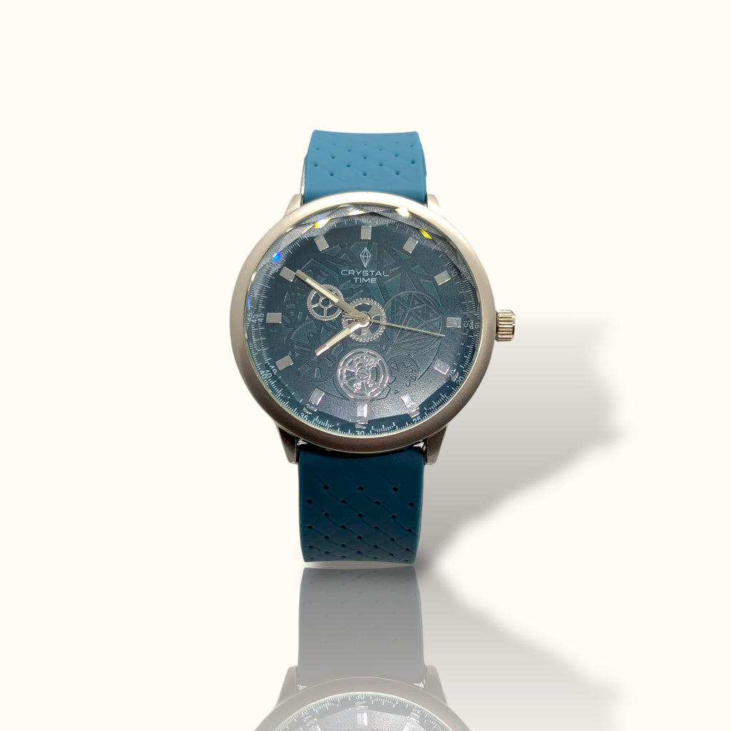 Crystal Time – Stealth Blue Skeleton Dial Men’s Sport Watch with Perforated Silicone Strap