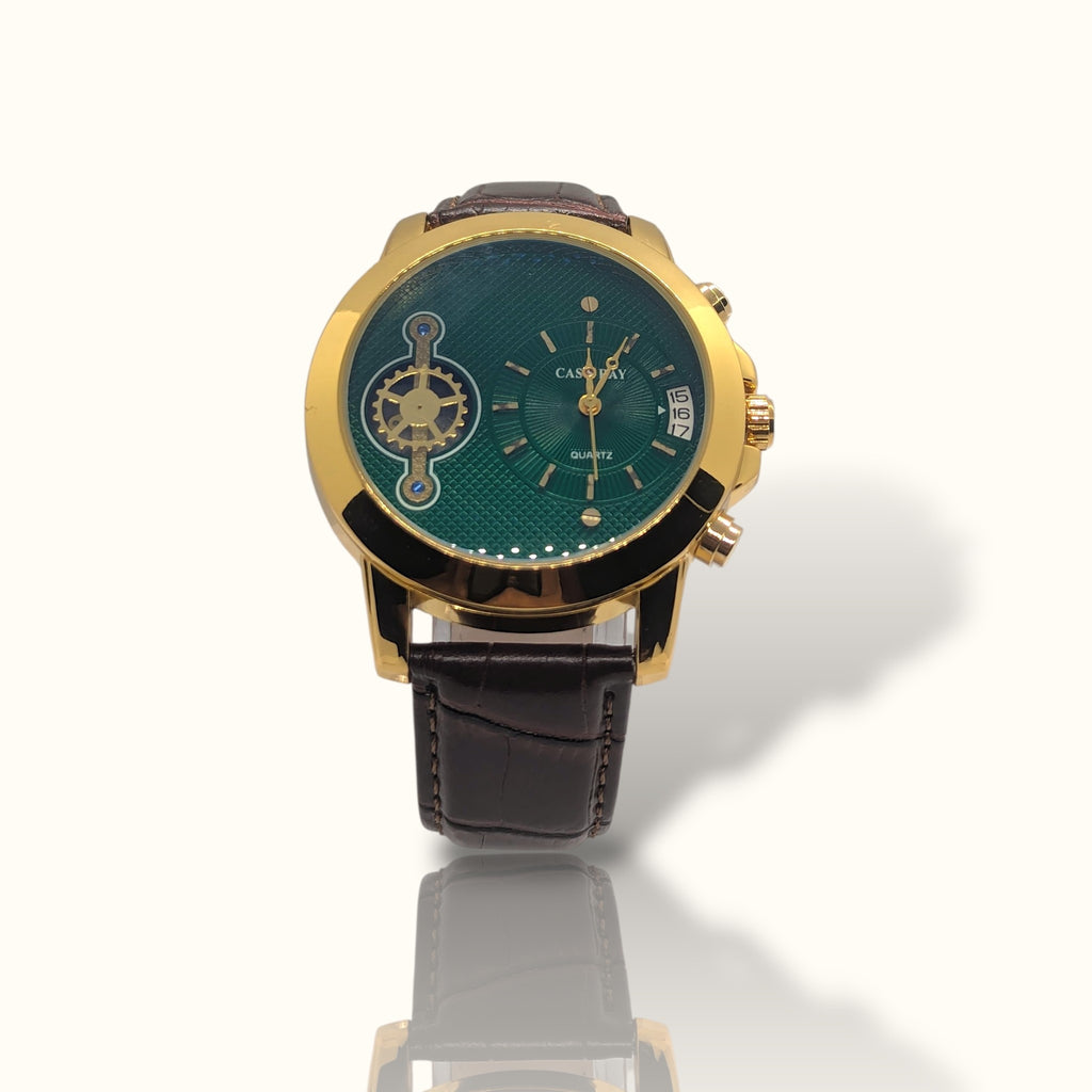 CAS RAY Royal Emerald – Gold Bezel Dual-Time Watch with Espresso Croco-Strap
