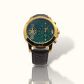 CAS RAY Royal Emerald – Gold Bezel Dual-Time Watch with Espresso Croco-Strap