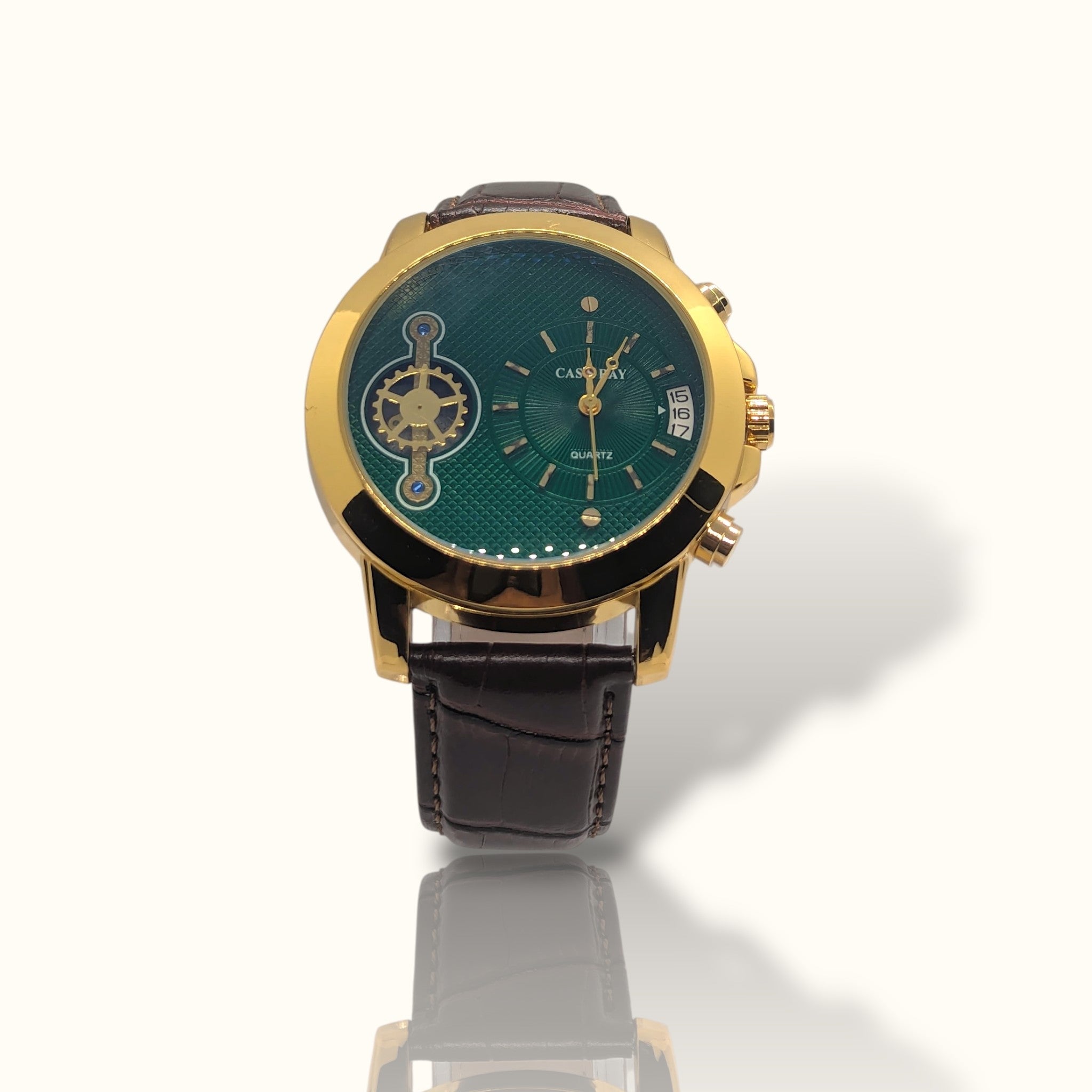 CAS RAY Royal Emerald – Gold Bezel Dual-Time Watch with Espresso Croco-Strap