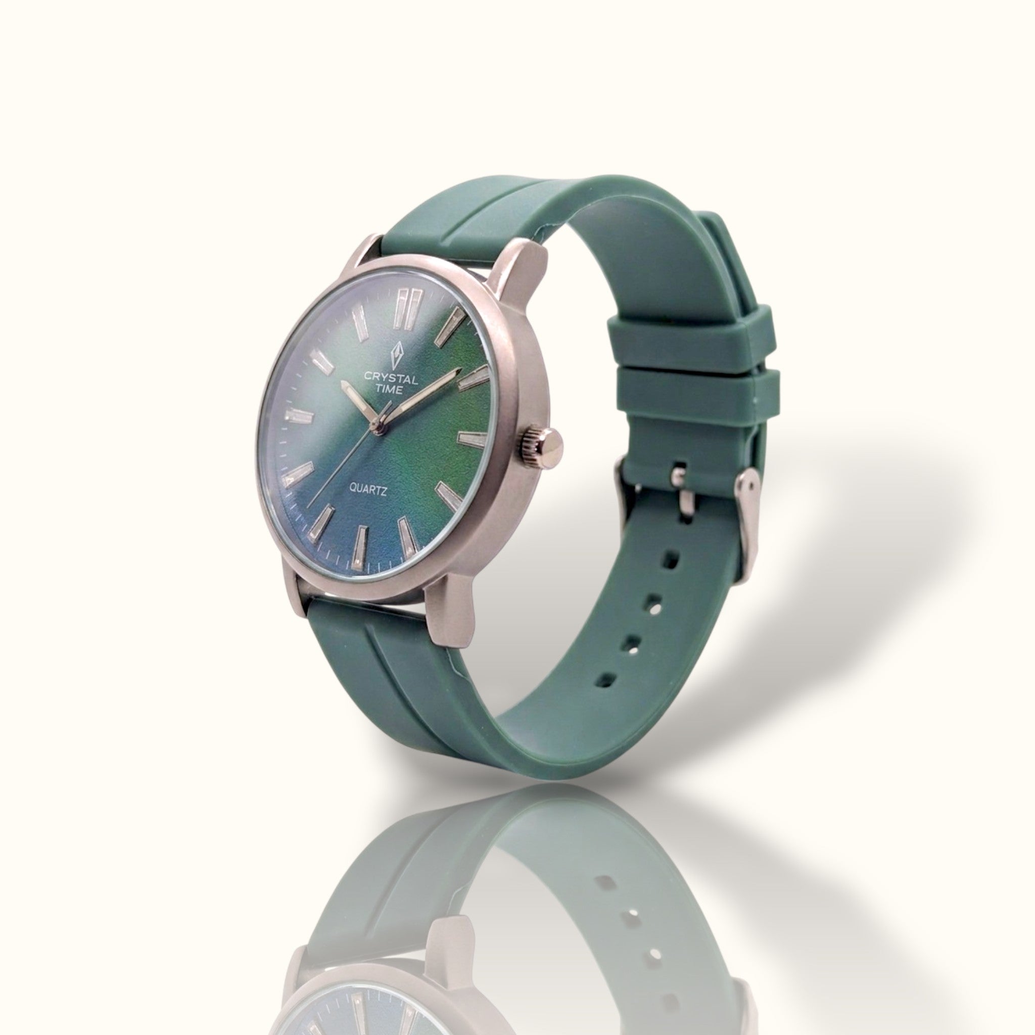 Crystal Time – Emerald Green Sunray Dial Men’s Watch with Sage Green Silicone Strap