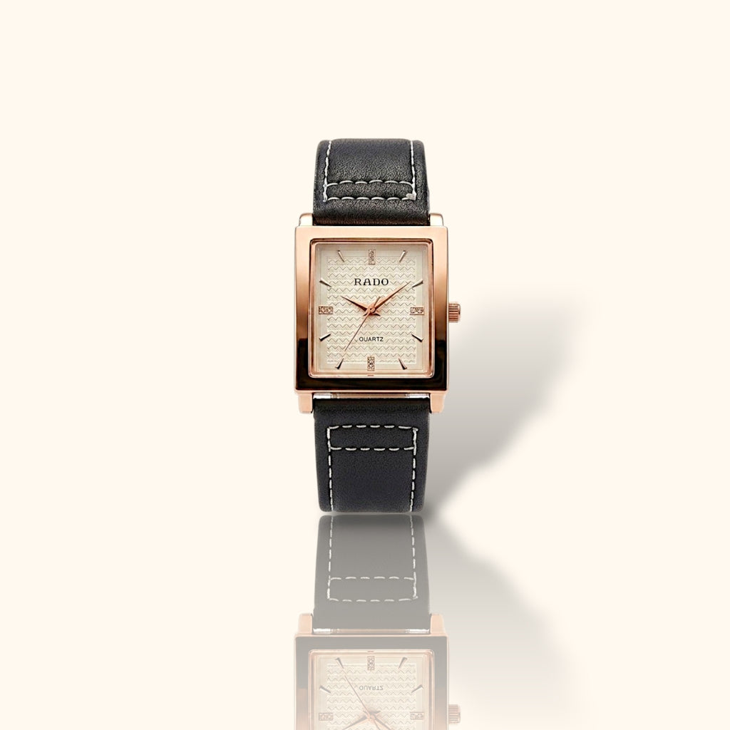 Elegant Square Rose Gold Quartz Watch with Black Leather Strap – Classic Design for Men