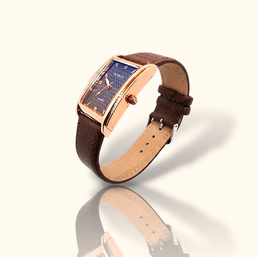 Premium Square Rose Gold Watch with Brown Leather Strap
