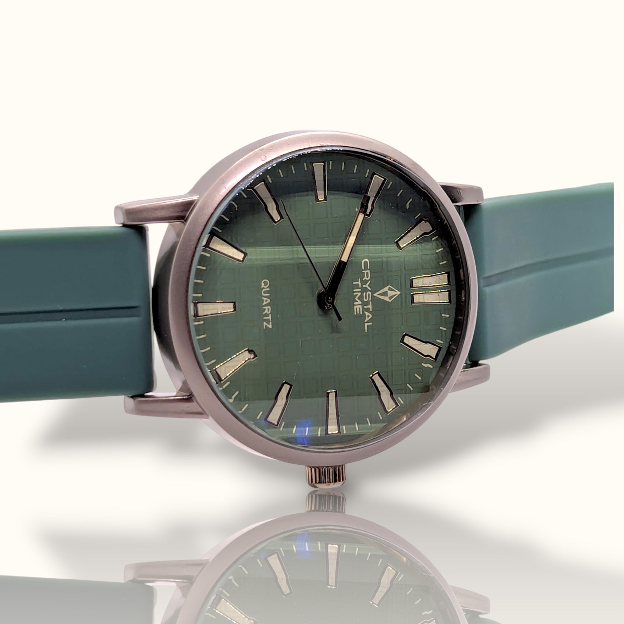 Crystal Time – Emerald Green Sunray Dial Men’s Watch with Sage Green Silicone Strap