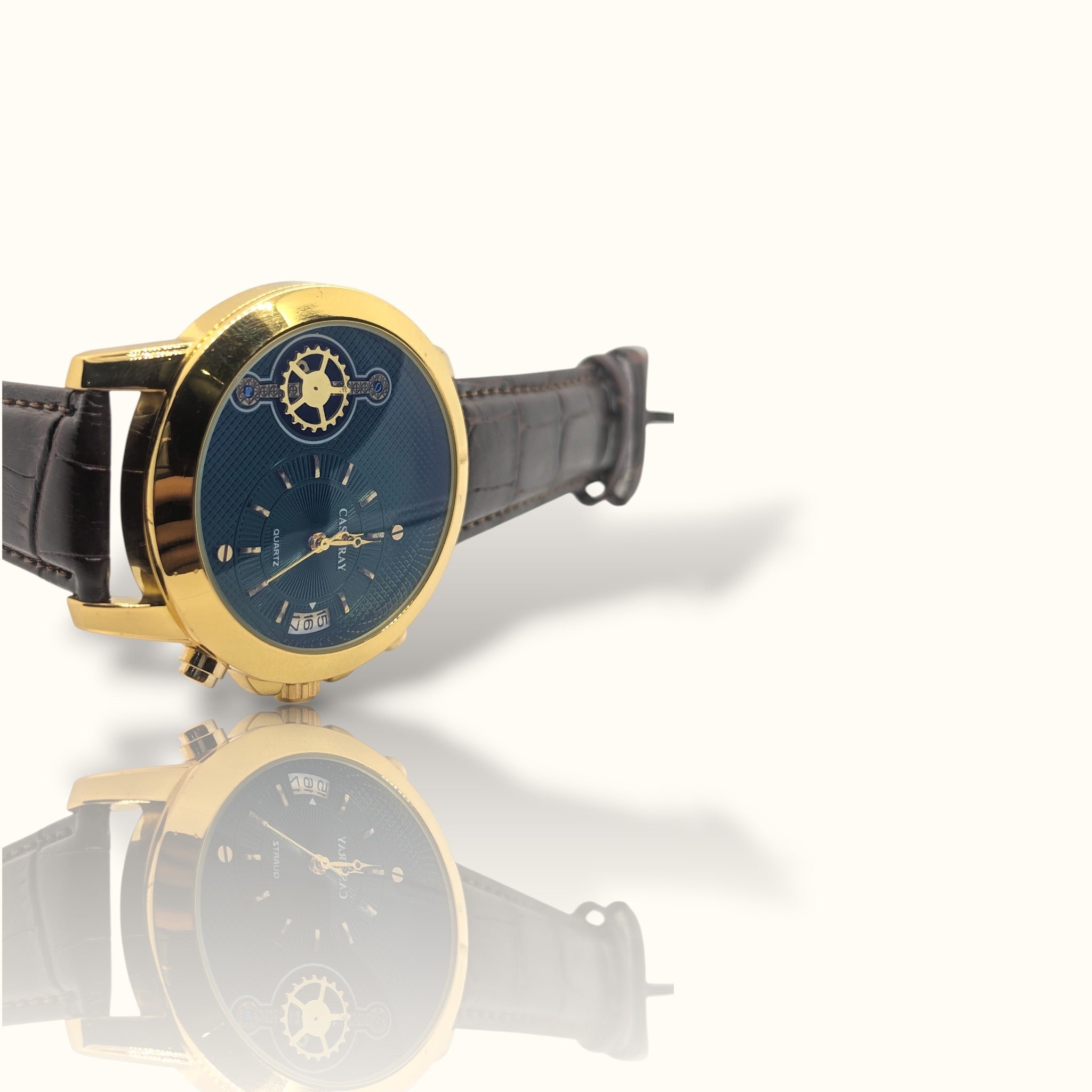 CAS RAY Royal Emerald – Gold Bezel Dual-Time Watch with Espresso Croco-Strap