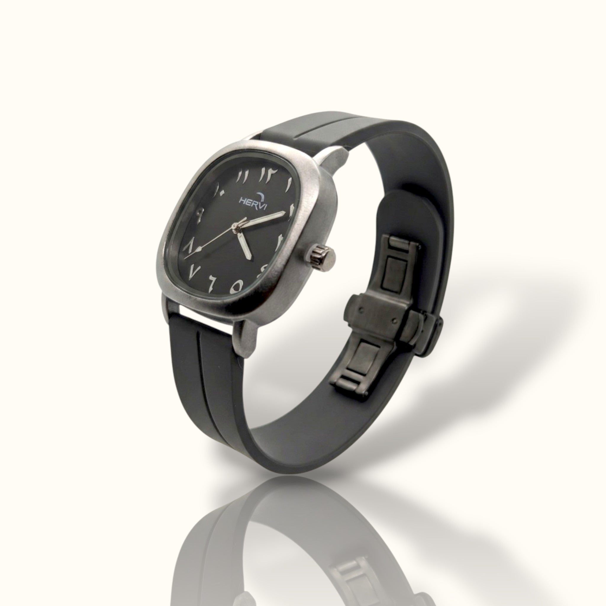 HERYI Arabic Calligraphy Edition – Matte Silver Cushion Case Watch with Black Silicone Strap