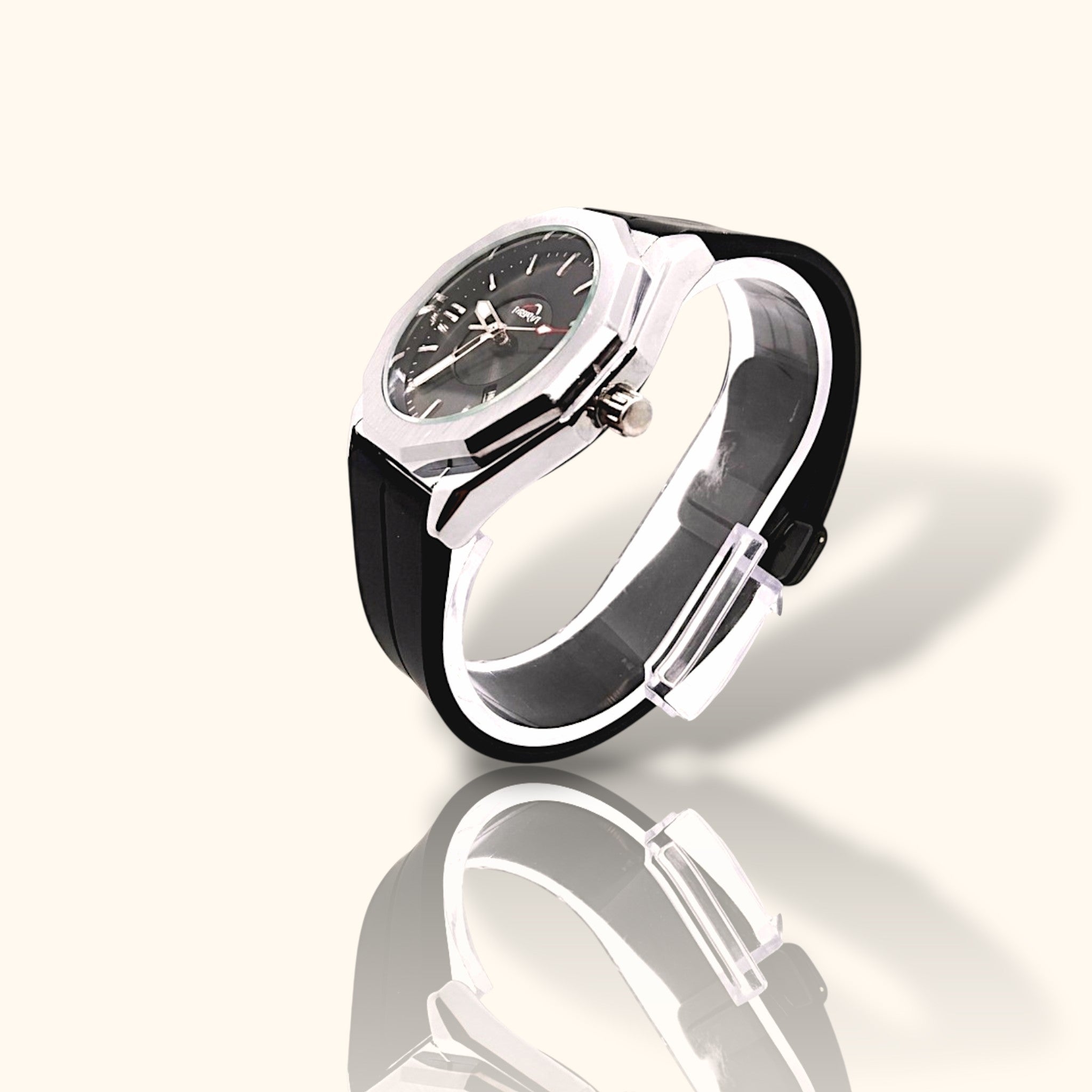 HERYI Executive Sport – Silver Octagonal Bezel Watch with Midnight Black Silicone Strap