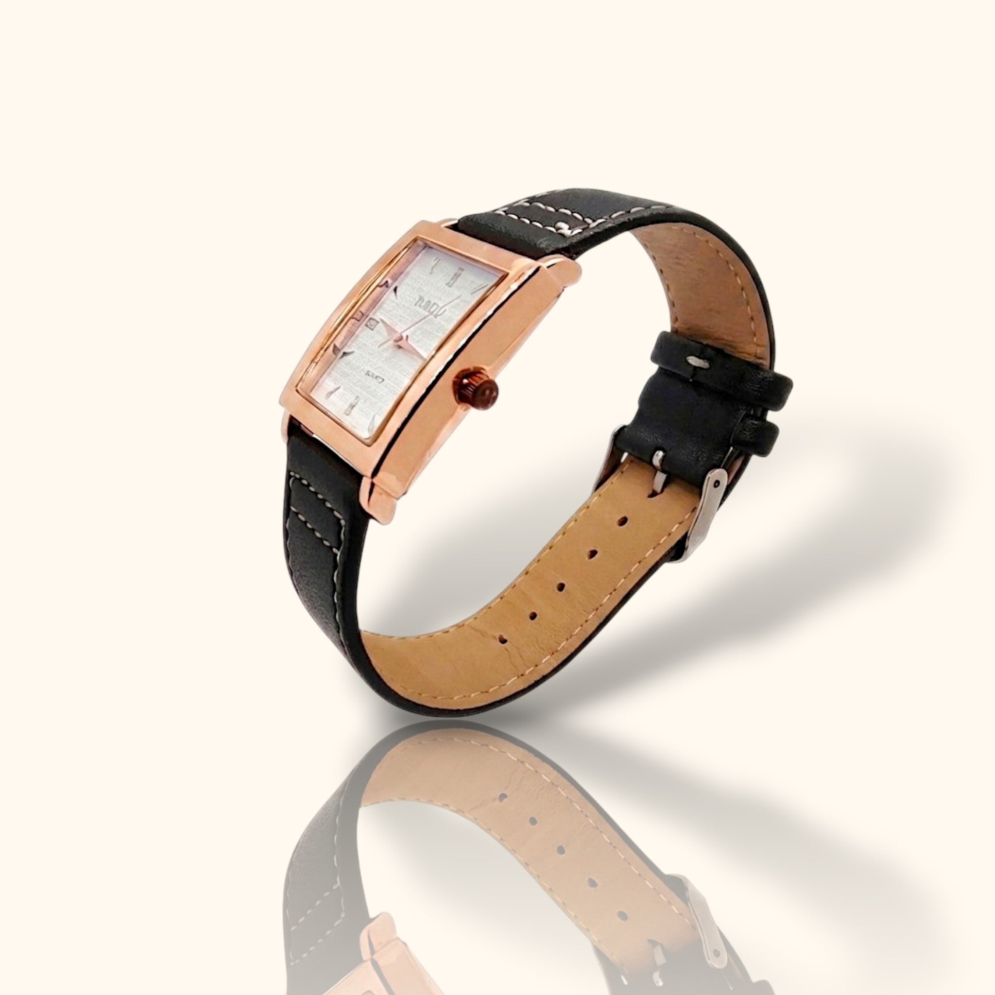 Elegant Square Rose Gold Quartz Watch with Black Leather Strap – Classic Design for Men