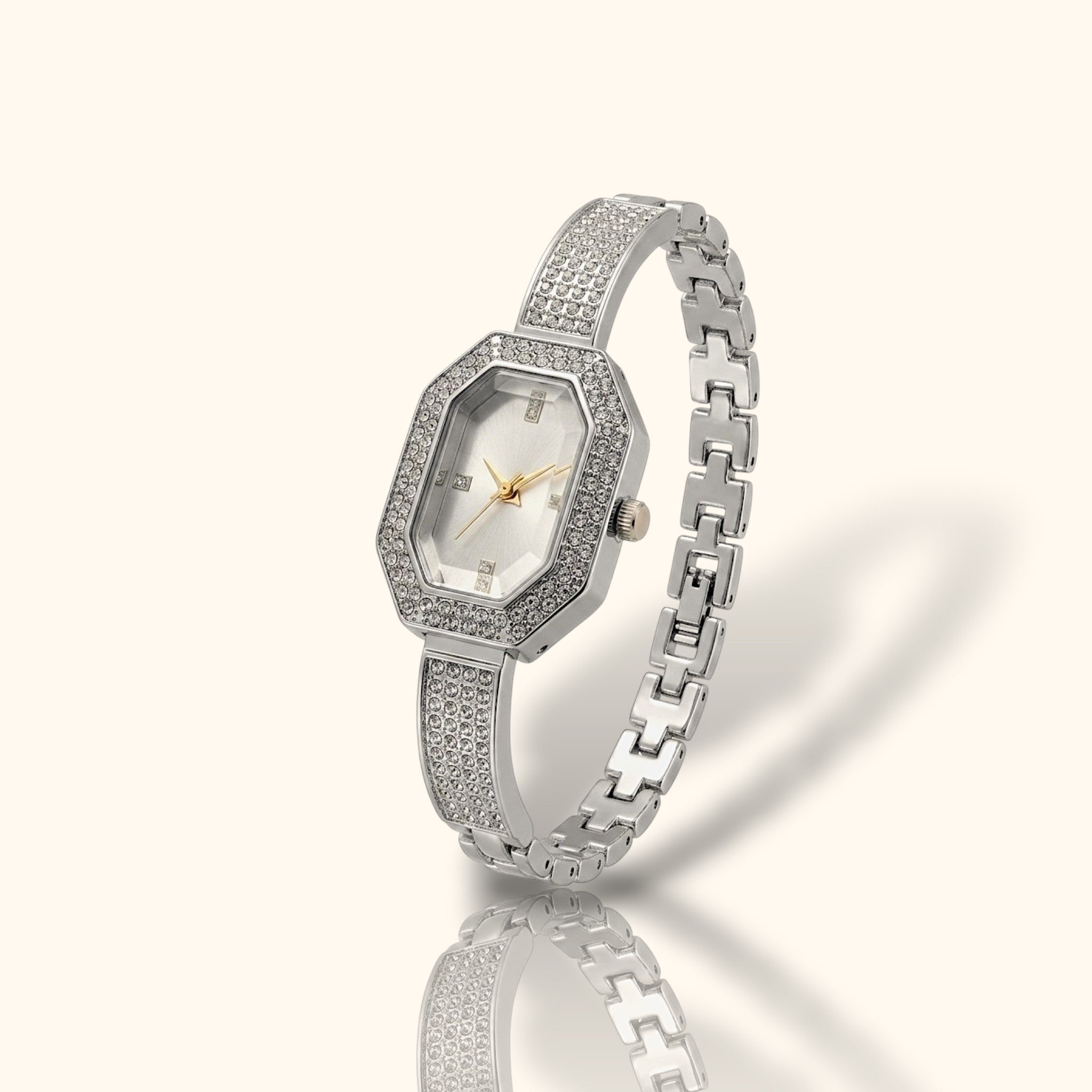 Cartier Inspired Octagon Crystal Shimmer – Silver Jewelry Watch for Women