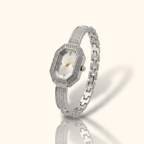 Cartier Inspired Octagon Crystal Shimmer – Silver Jewelry Watch for Women