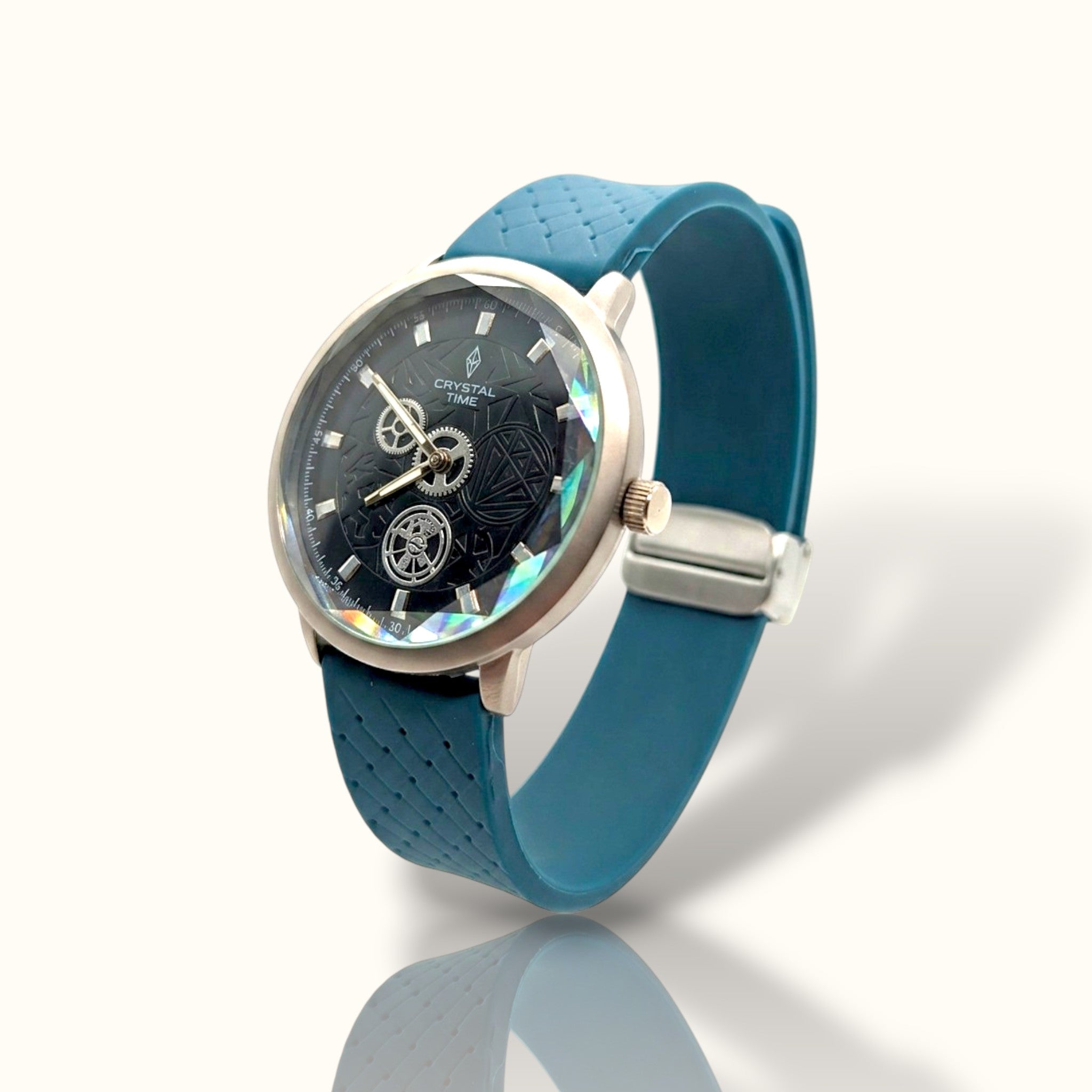 Crystal Time – Stealth Blue Skeleton Dial Men’s Sport Watch with Perforated Silicone Strap