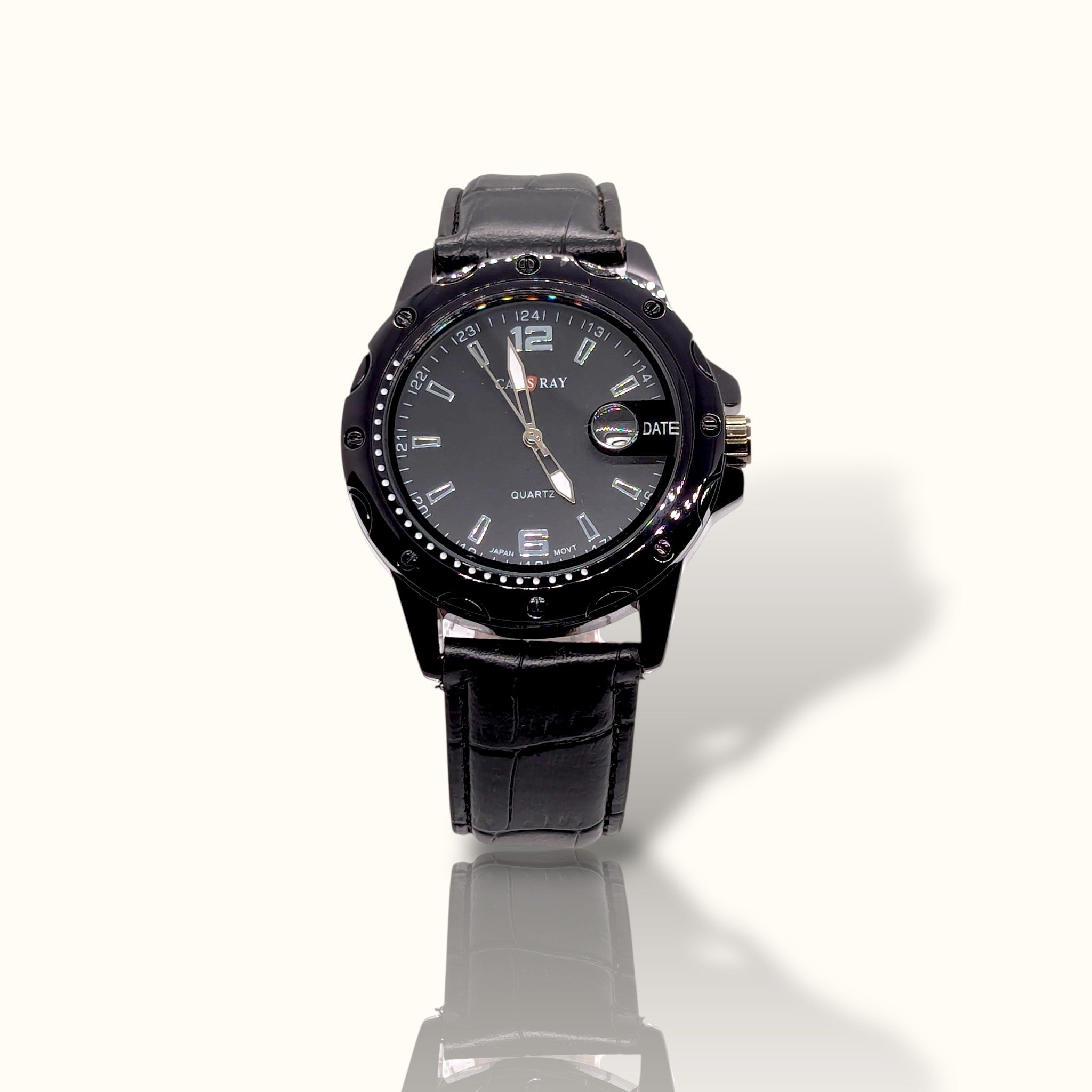 CAS RAY Midnight Commander – All-Black Tactical Watch with Croco-Leather Strap