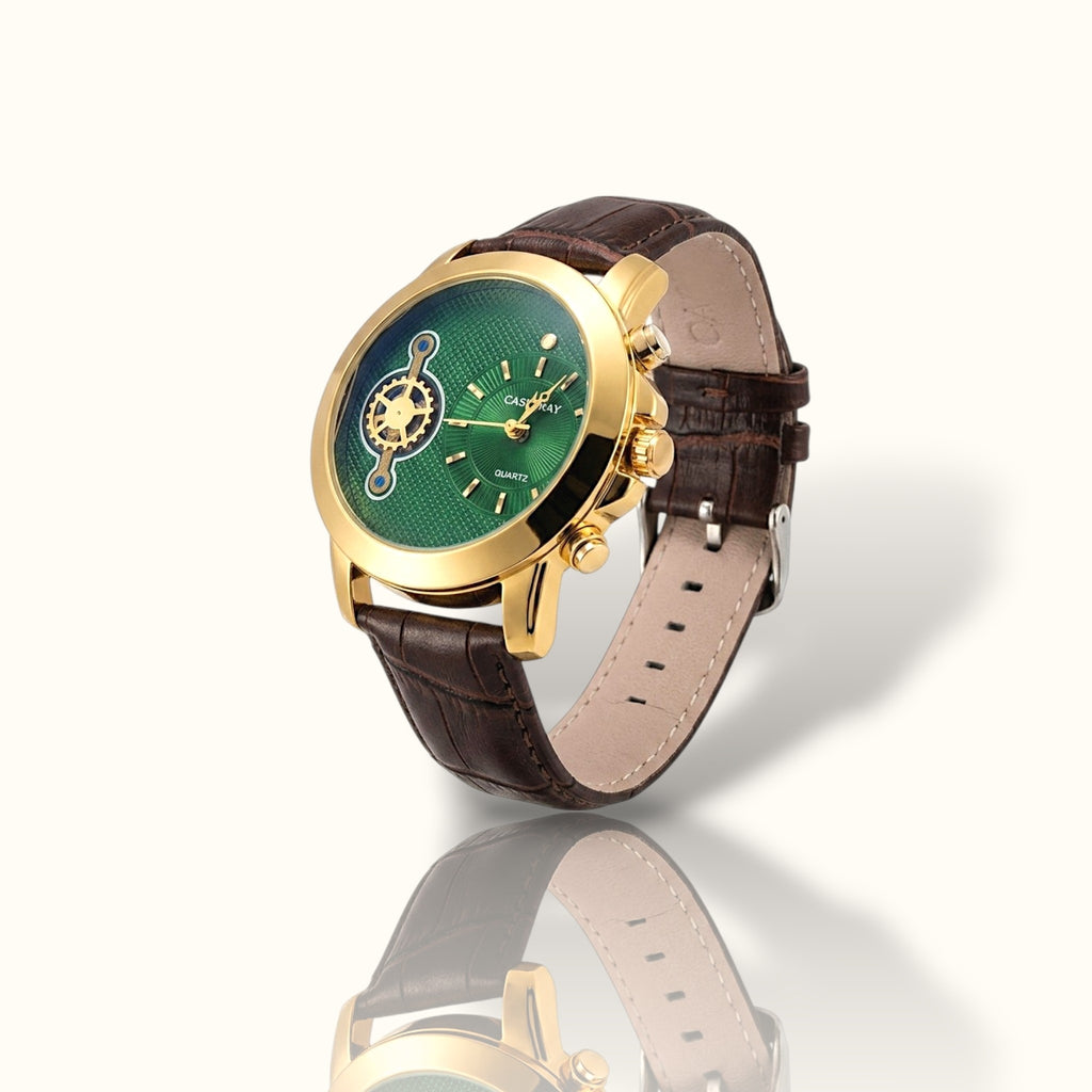 CAS RAY Royal Emerald – Gold Bezel Dual-Time Watch with Espresso Croco-Strap
