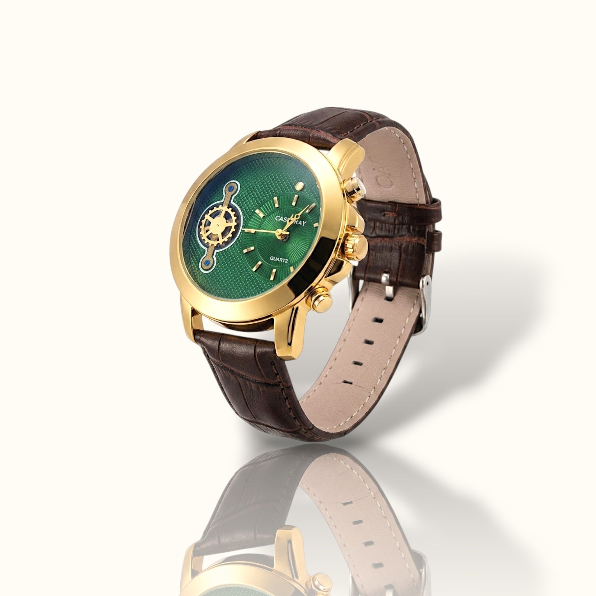 CAS RAY Royal Emerald – Gold Bezel Dual-Time Watch with Espresso Croco-Strap