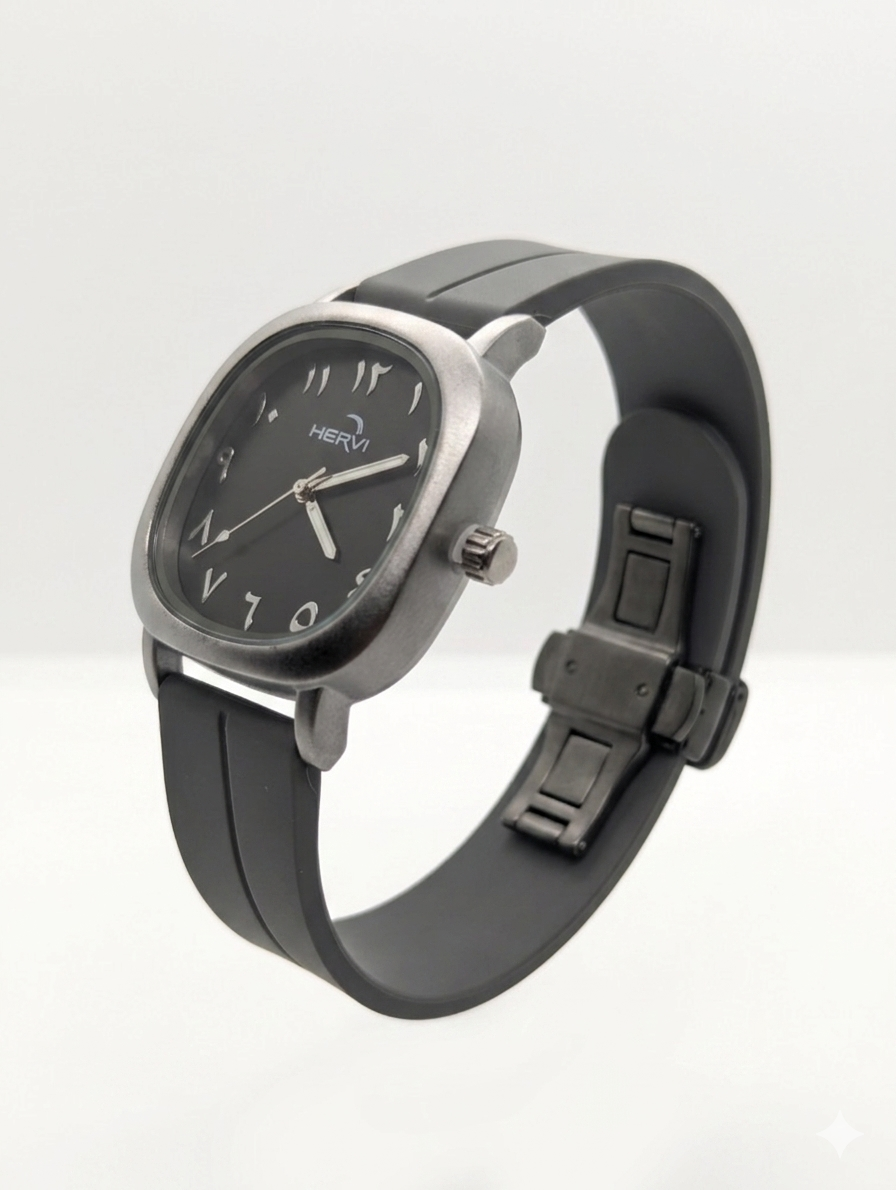 HERYI Arabic Calligraphy Edition – Matte Silver Cushion Case Watch with Black Silicone Strap