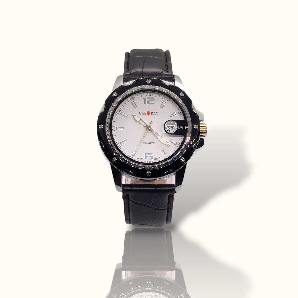 CAS RAY Executive White – Silver & Black Tactical Watch with Croco-Leather Strap