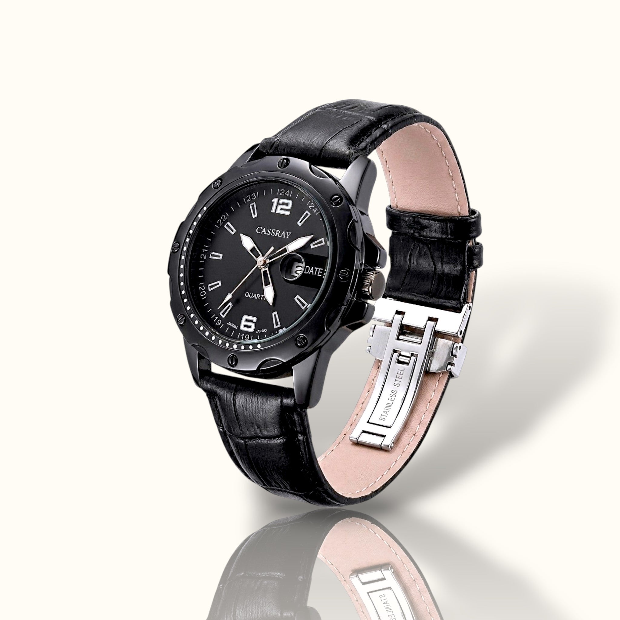 CAS RAY Midnight Commander – All-Black Tactical Watch with Croco-Leather Strap