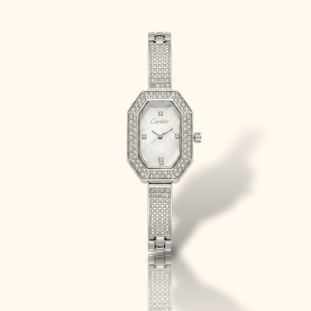 Cartier Inspired Octagon Crystal Shimmer – Silver Jewelry Watch for Women
