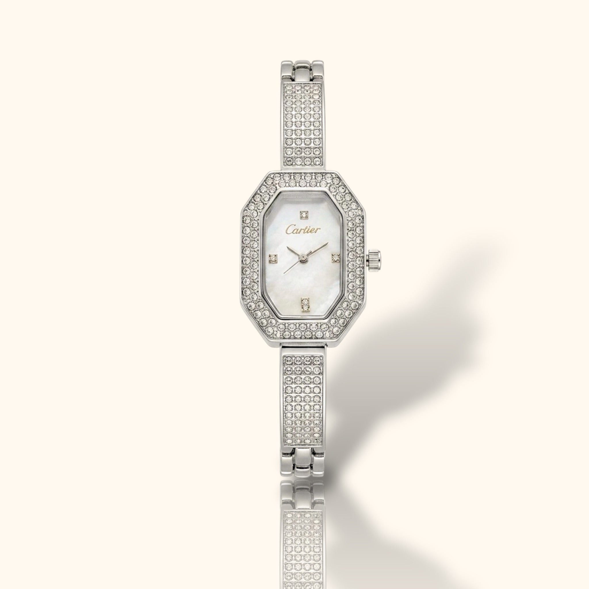 Cartier Inspired Octagon Crystal Shimmer – Silver Jewelry Watch for Women