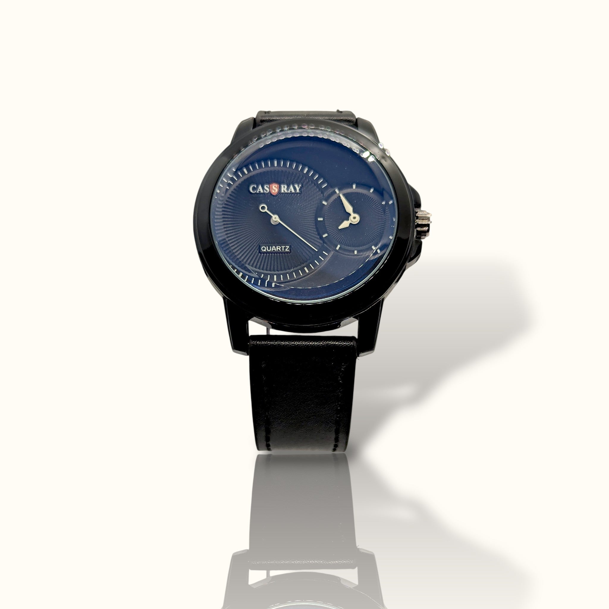 CAS RAY Dual-Horizon – Black Sunburst Dial Executive Watch with Black Leather Strap