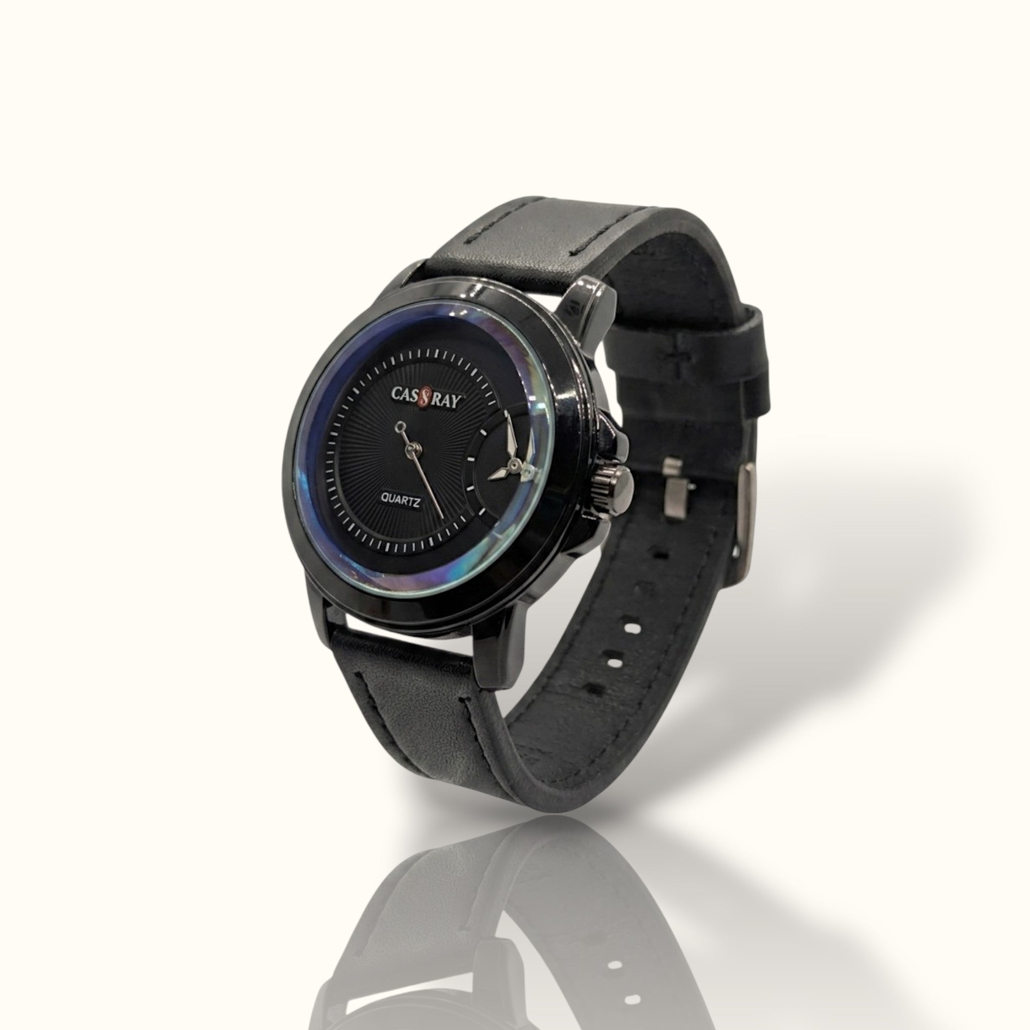 CAS RAY Dual-Horizon – Black Sunburst Dial Executive Watch with Black Leather Strap