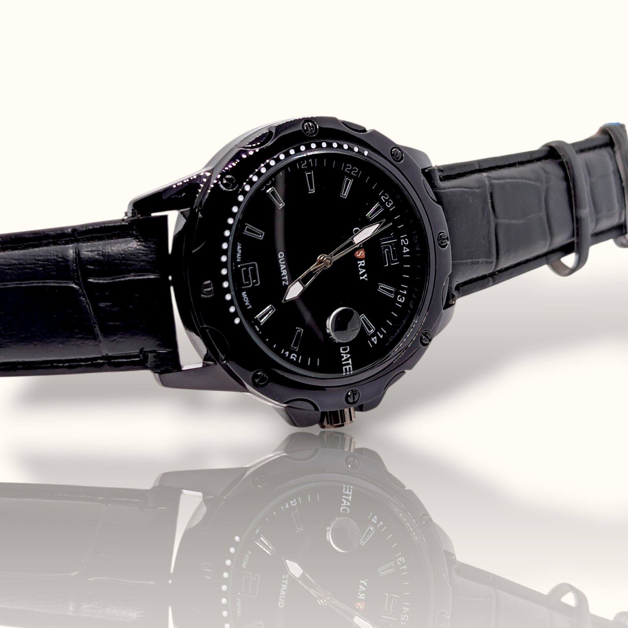 CAS RAY Midnight Commander – All-Black Tactical Watch with Croco-Leather Strap