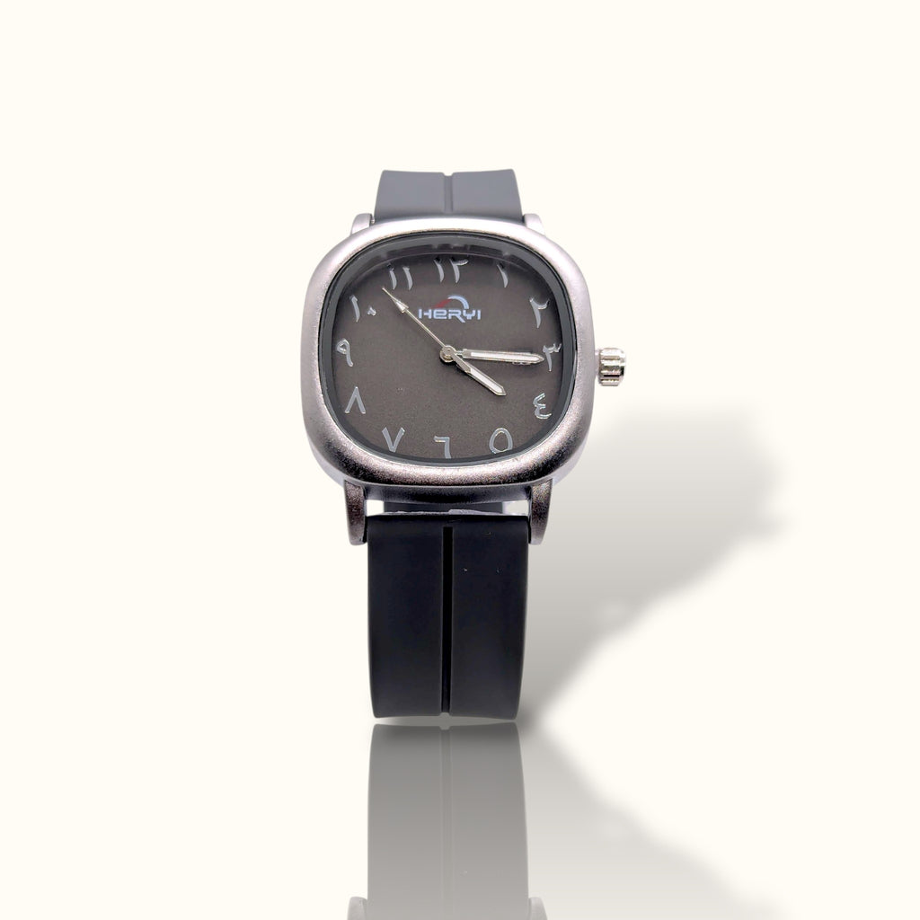 HERYI Arabic Calligraphy Edition – Matte Silver Cushion Case Watch with Black Silicone Strap