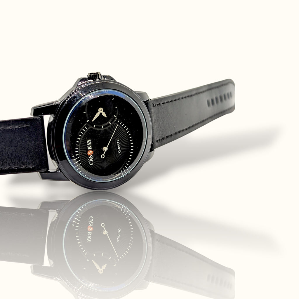 CAS RAY Dual-Horizon – Black Sunburst Dial Executive Watch with Black Leather Strap
